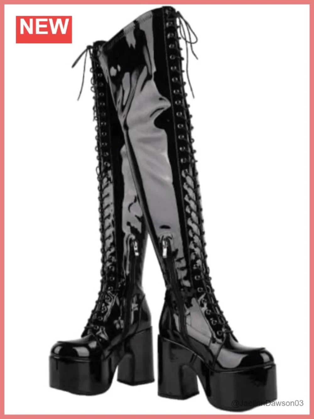 Faux Patent Leather Over the Knee Lace Up Platform Block Heel Boots